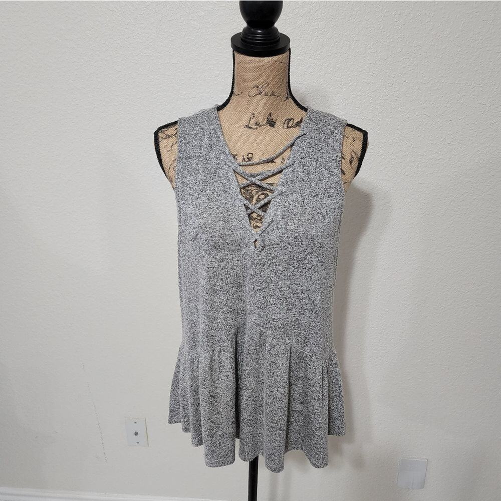 Express Gray Marl Lace Up V-Neck Peplum Sleeveless Knit Top Large